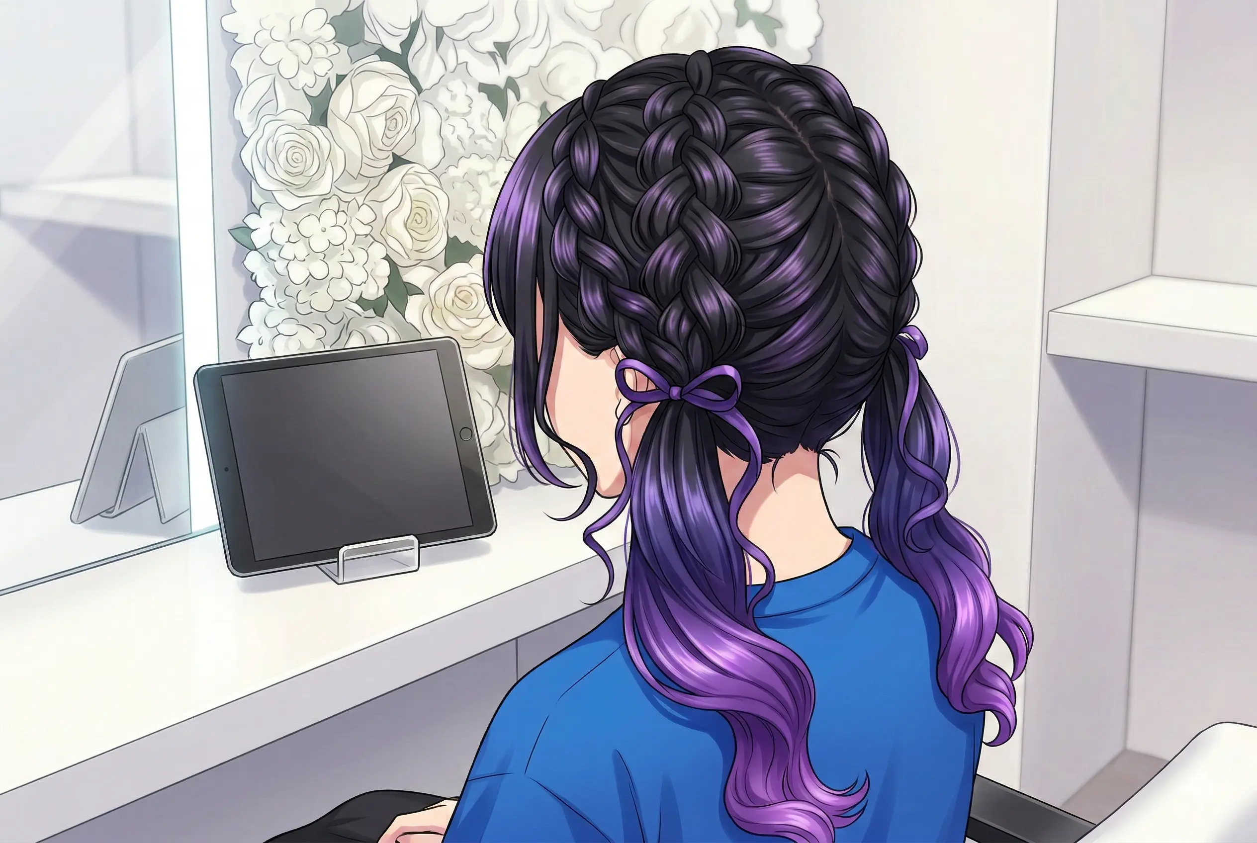 【推し活×青紫】地雷系・サブカル女子必見！セルフリボンが主役の編み込みツインテールで優勝確定♡