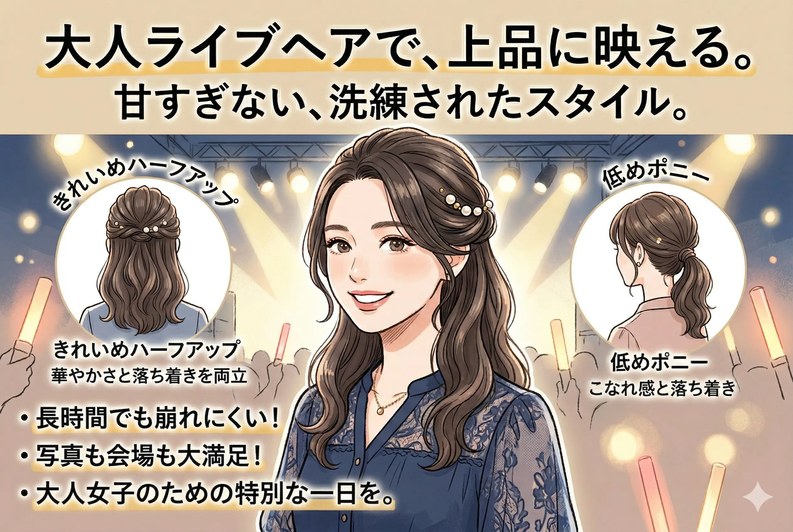 ライブヘアセットの大人向け完全ガイド｜甘すぎないのに華やか、会場で映える上品アレンジの選び方