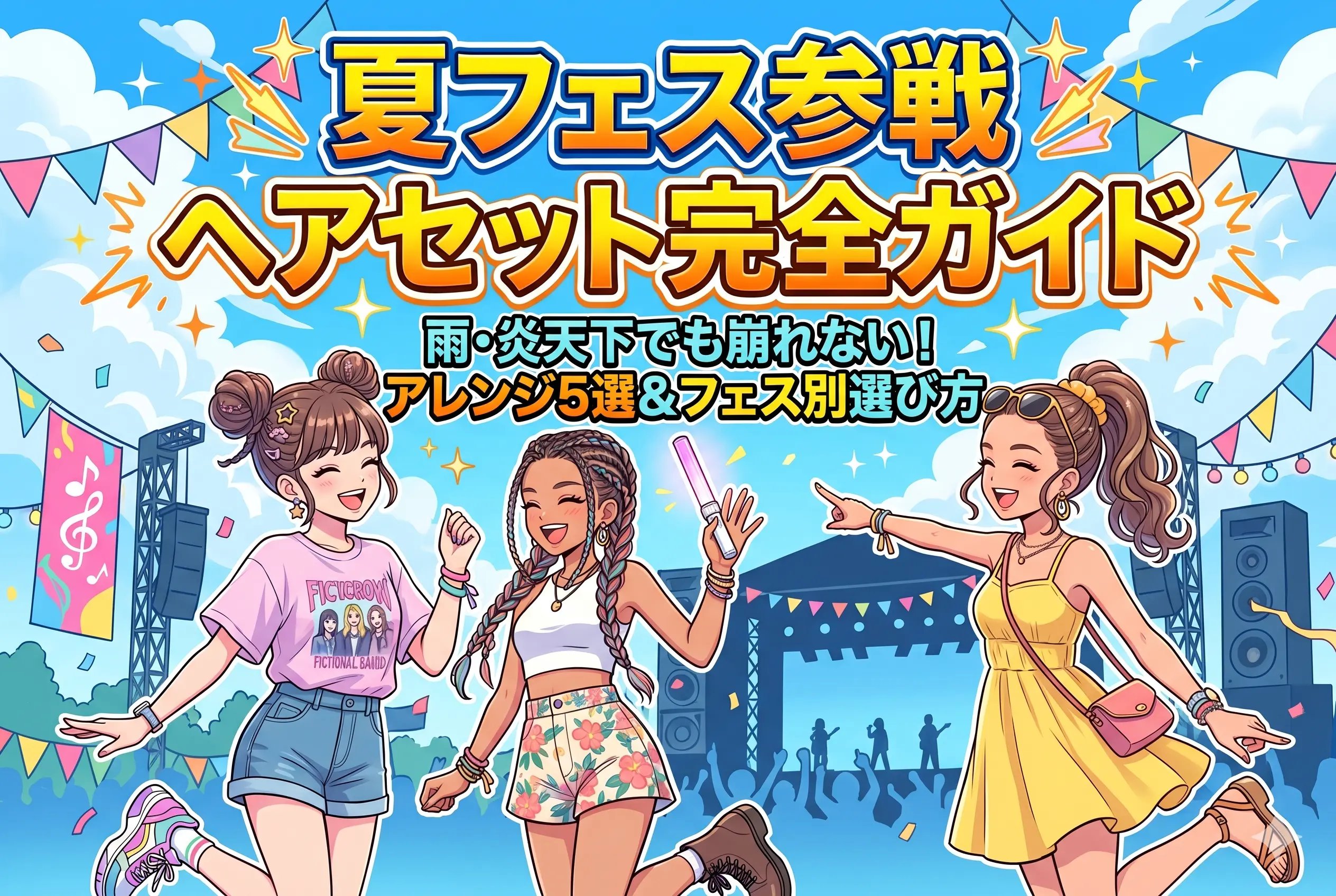 夏フェス参戦ヘアセット完全ガイド｜雨・炎天下でも崩れないアレンジ5選とフェス別選び方