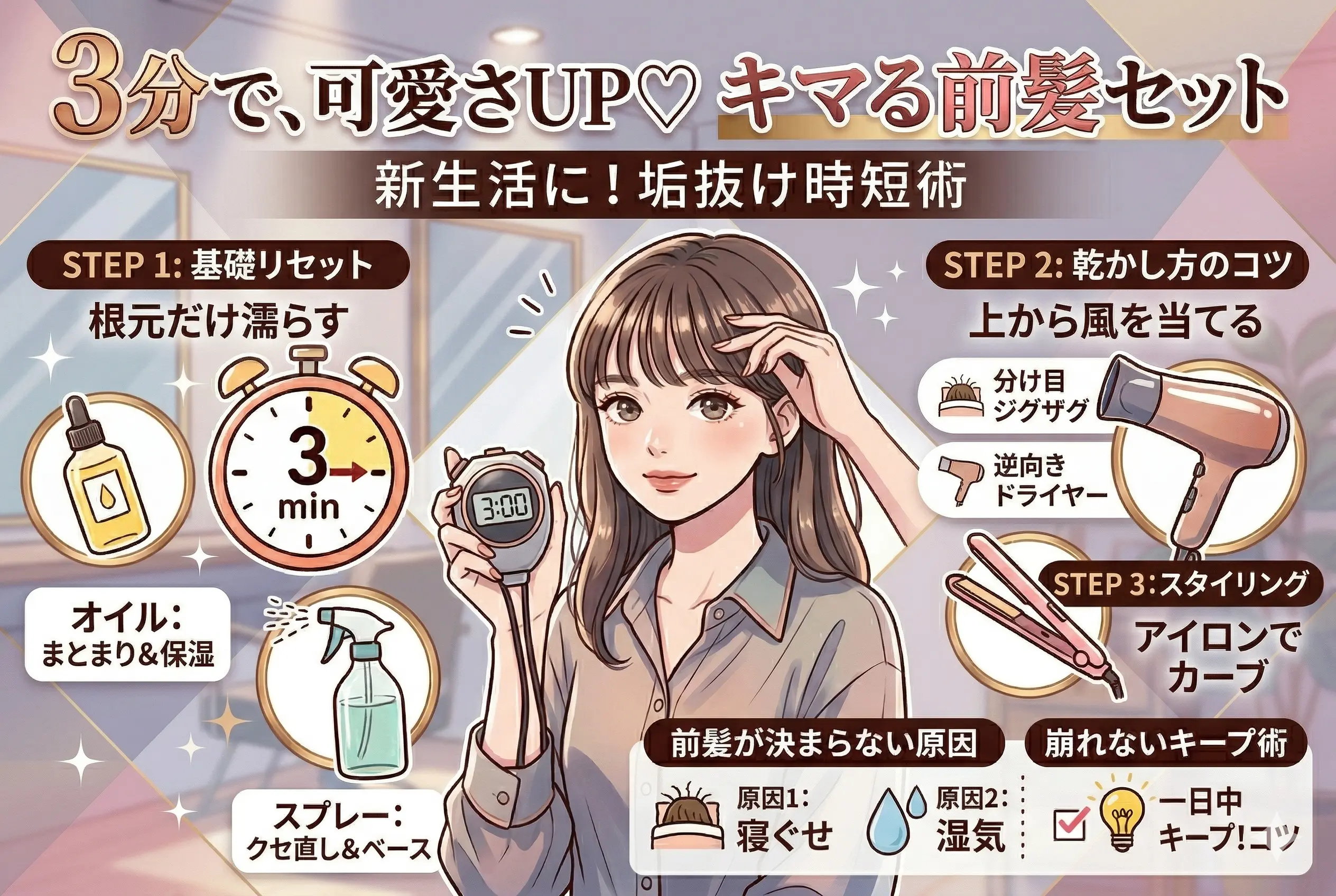 新生活は「3分でできる前髪」で変わる♡朝の準備がラクになる簡単ヘアセット術