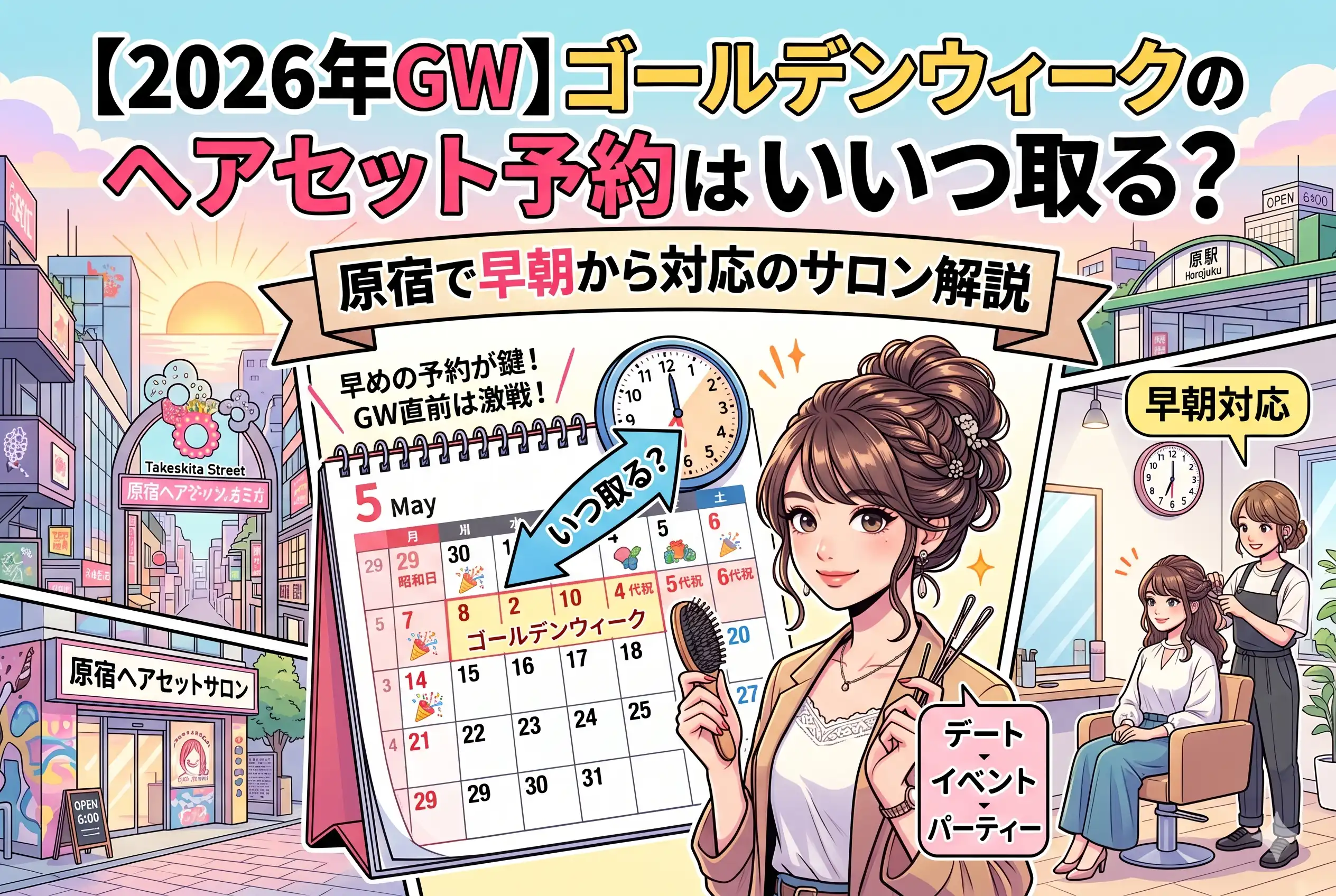 【2026年GW】ゴールデンウィークのヘアセット予約はいつ取る？原宿で早朝から対応のサロン解説