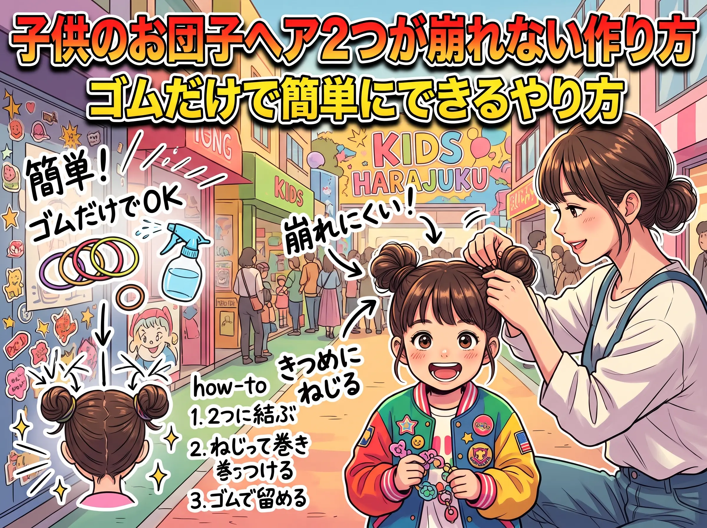子供のお団子ヘア2つが崩れない作り方|ゴムだけで簡単にできるやり方
