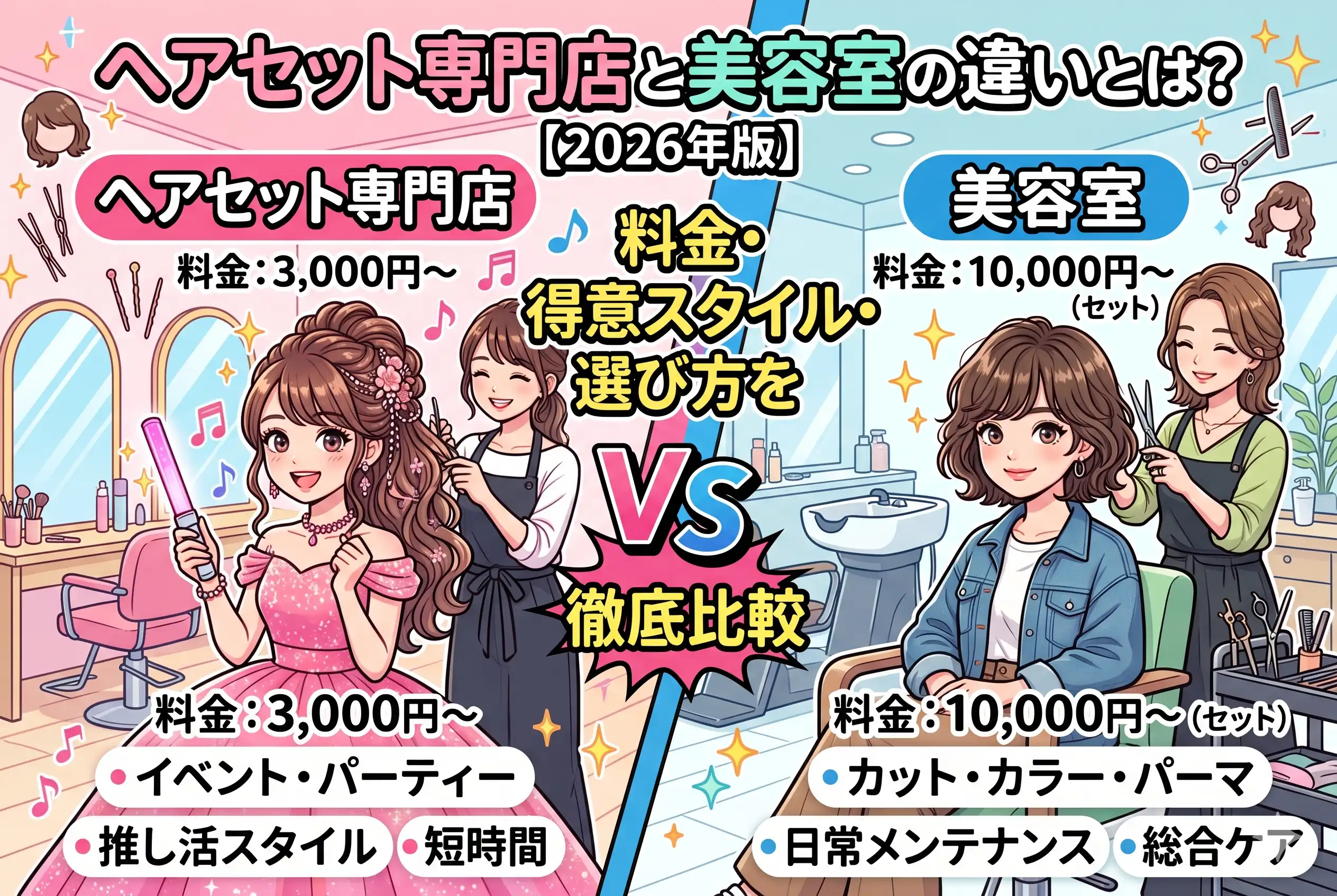 ヘアセット専門店と美容室の違いとは？料金・得意スタイル・選び方を徹底比較【2026年版】