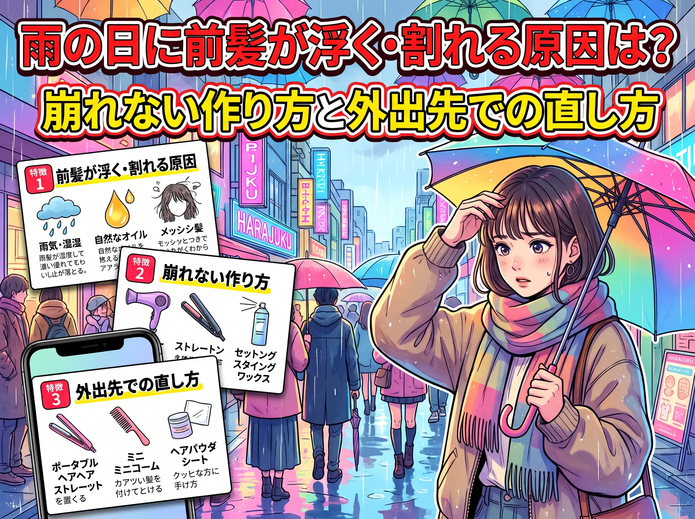 雨の日に前髪が浮く・割れる原因は？崩れない作り方と外出先での直し方