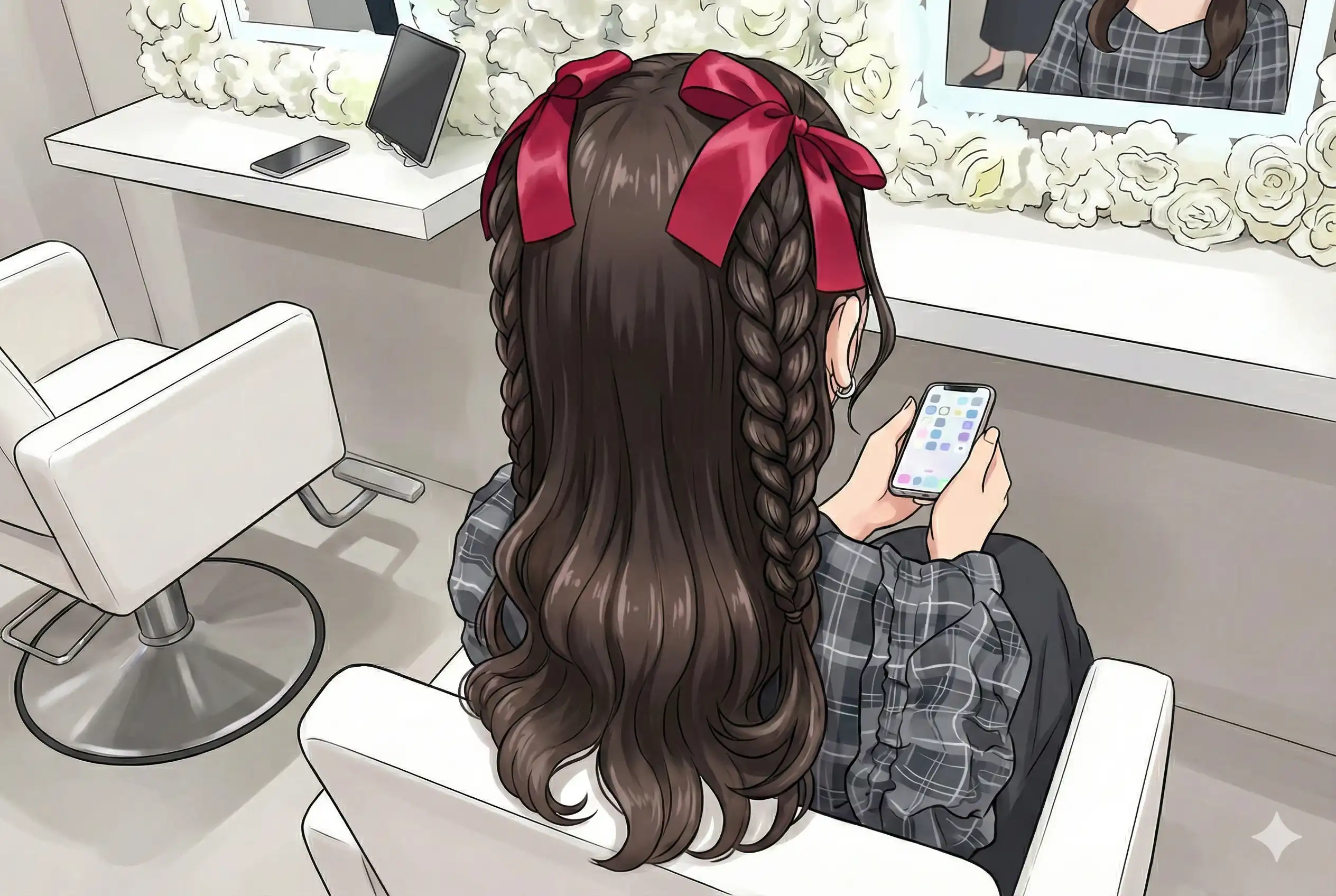 ツヤ感たっぷり♡リボンが主役のツイン三つ編みアレンジ